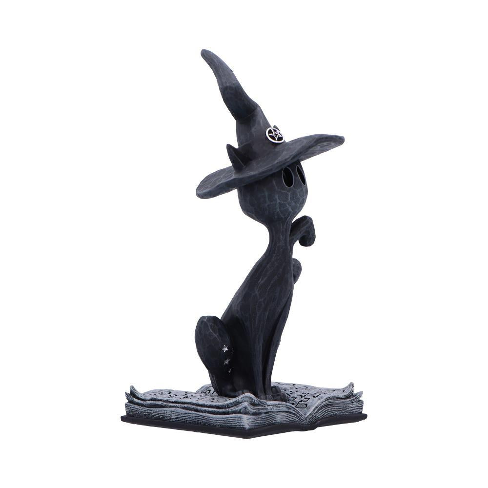 Mystical Gothic Black Cat Figurine on Open Spell Book Wiccan Altar Decor