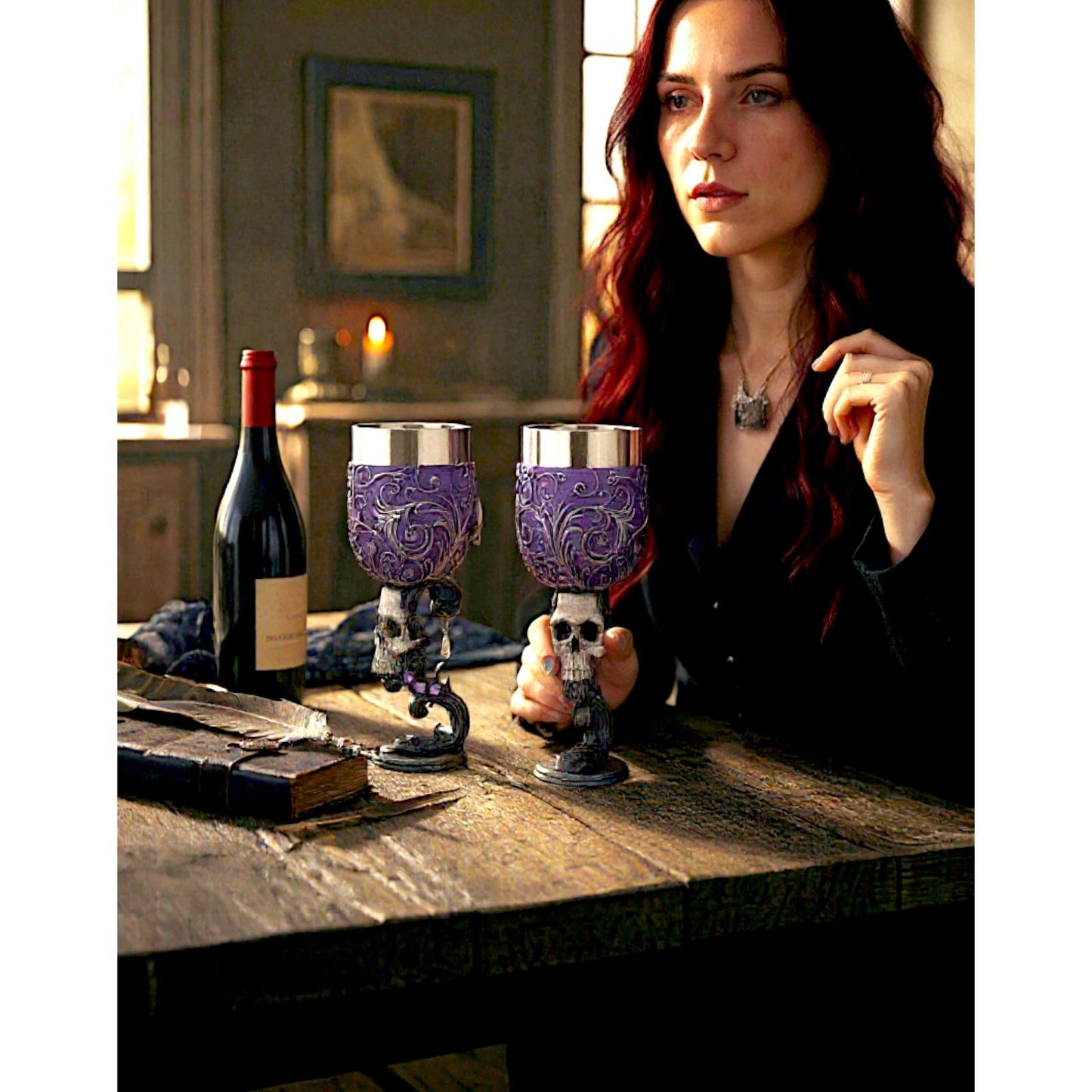 Gothic Set Skull Goblets Heart Shaped Chalice Dark Fantasy Occult Altar Wine Cups