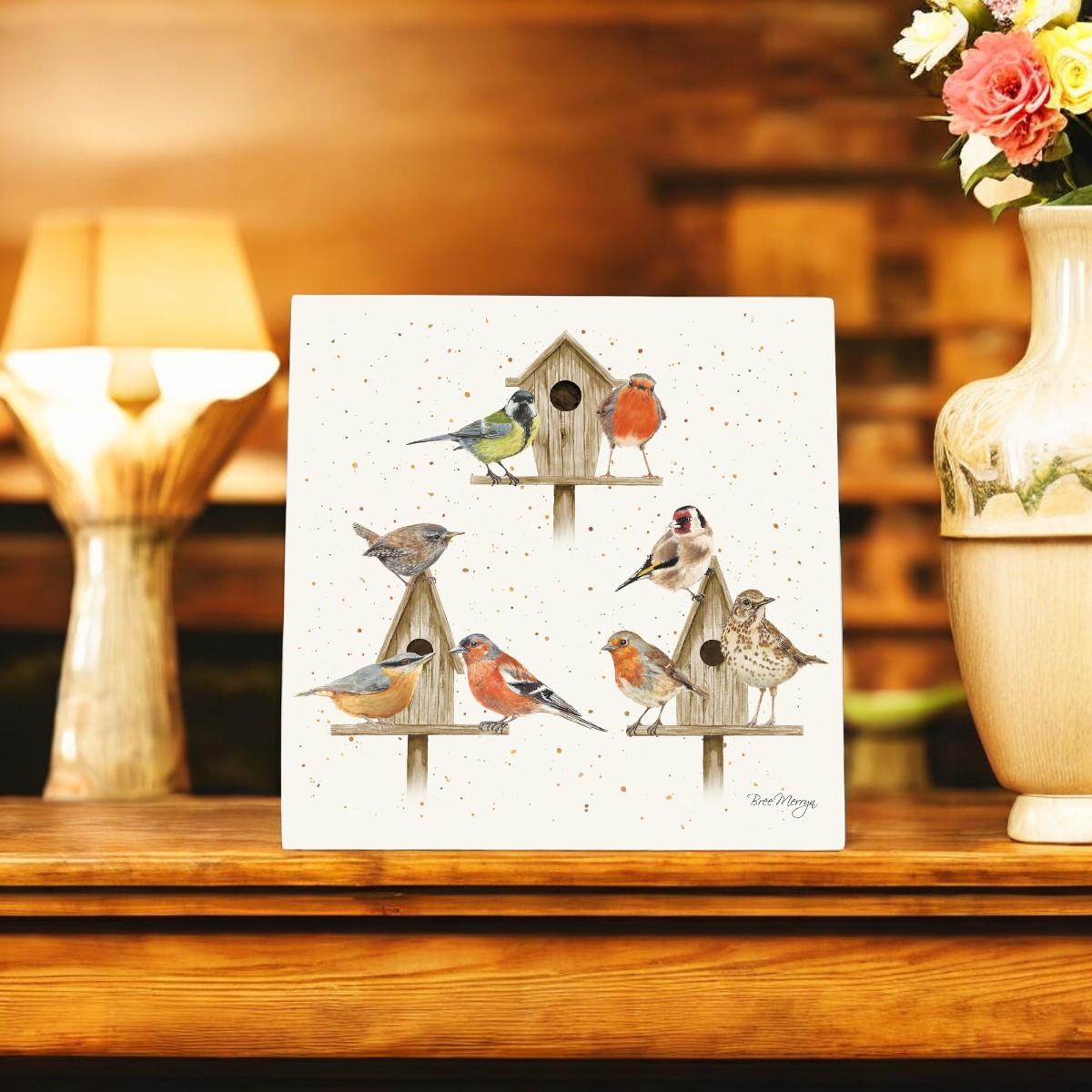 House Party Birds Ceramic Art Tile by Bree Merryn - 20x20 cm Wall Hanging - Decorative Birdhouse Tile - Boxed Gift"