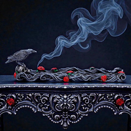 Gothic Raven Skull Incense Burner Holder Rose Fantasy Altar Decor Ornament Art
