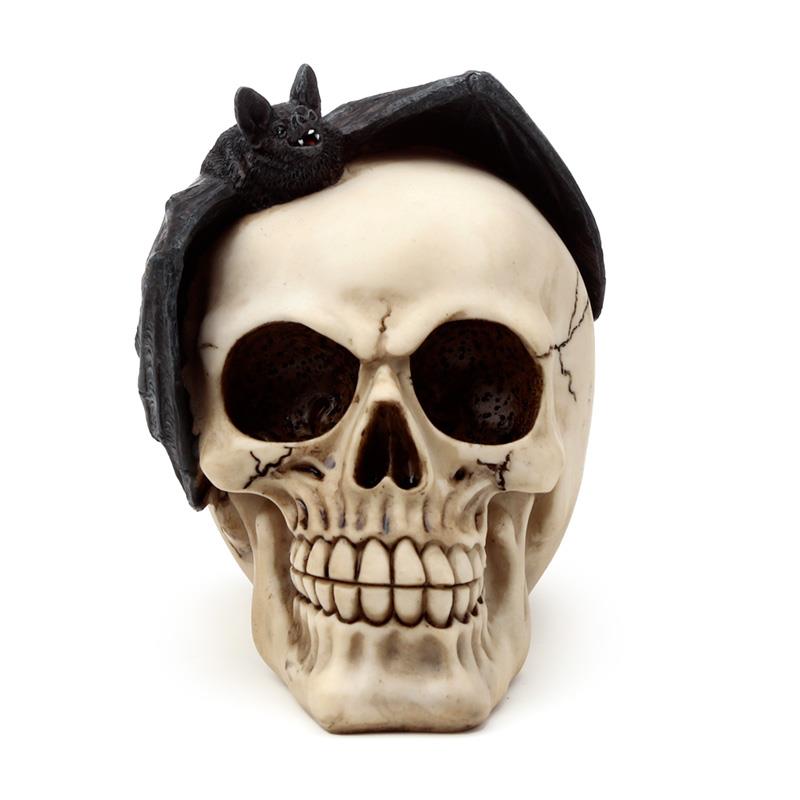 Gothic Skull and Bat Figurine Halloween Decor Dark Fantasy Occult Ornament