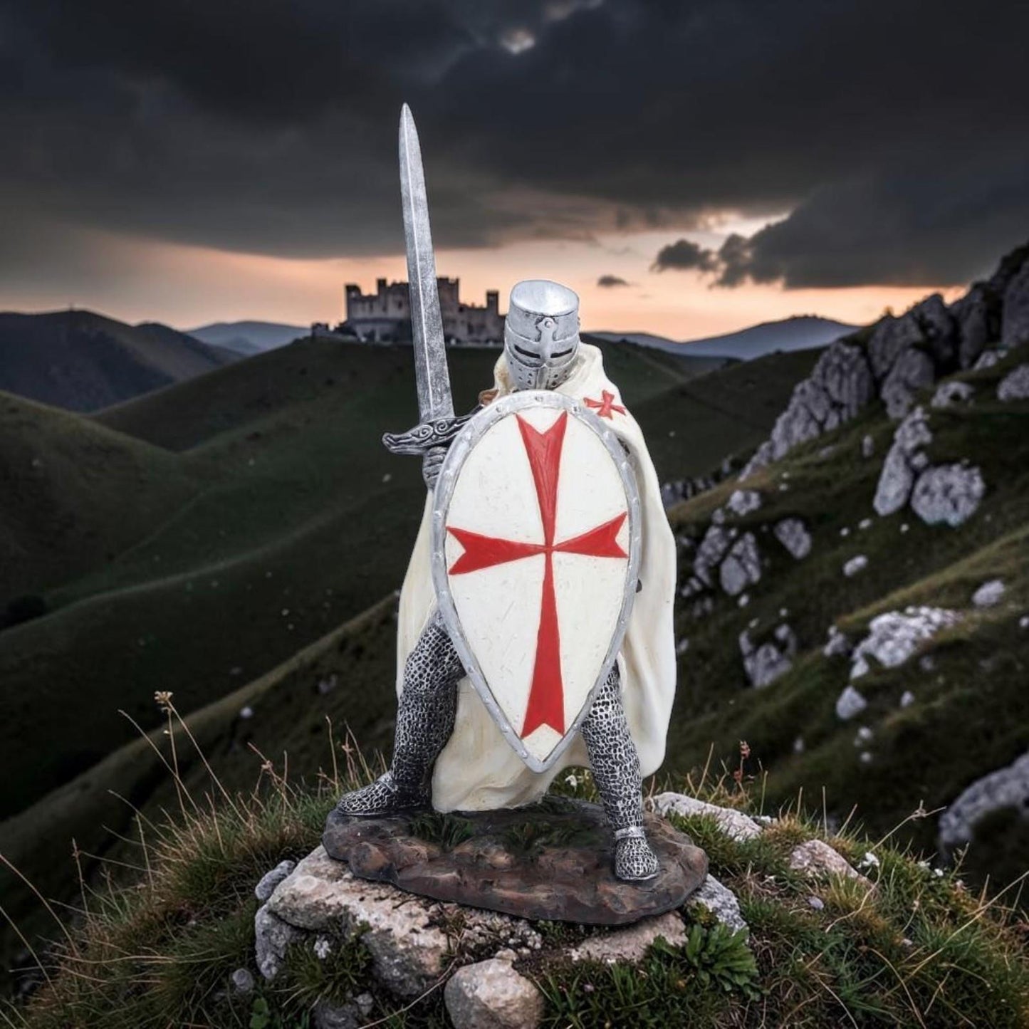 White Templar Knight Statue Figurine Ornament Medieval Crusader Sword Shield