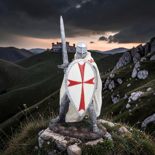 White Templar Knight Statue Figurine Ornament Medieval Crusader Sword Shield