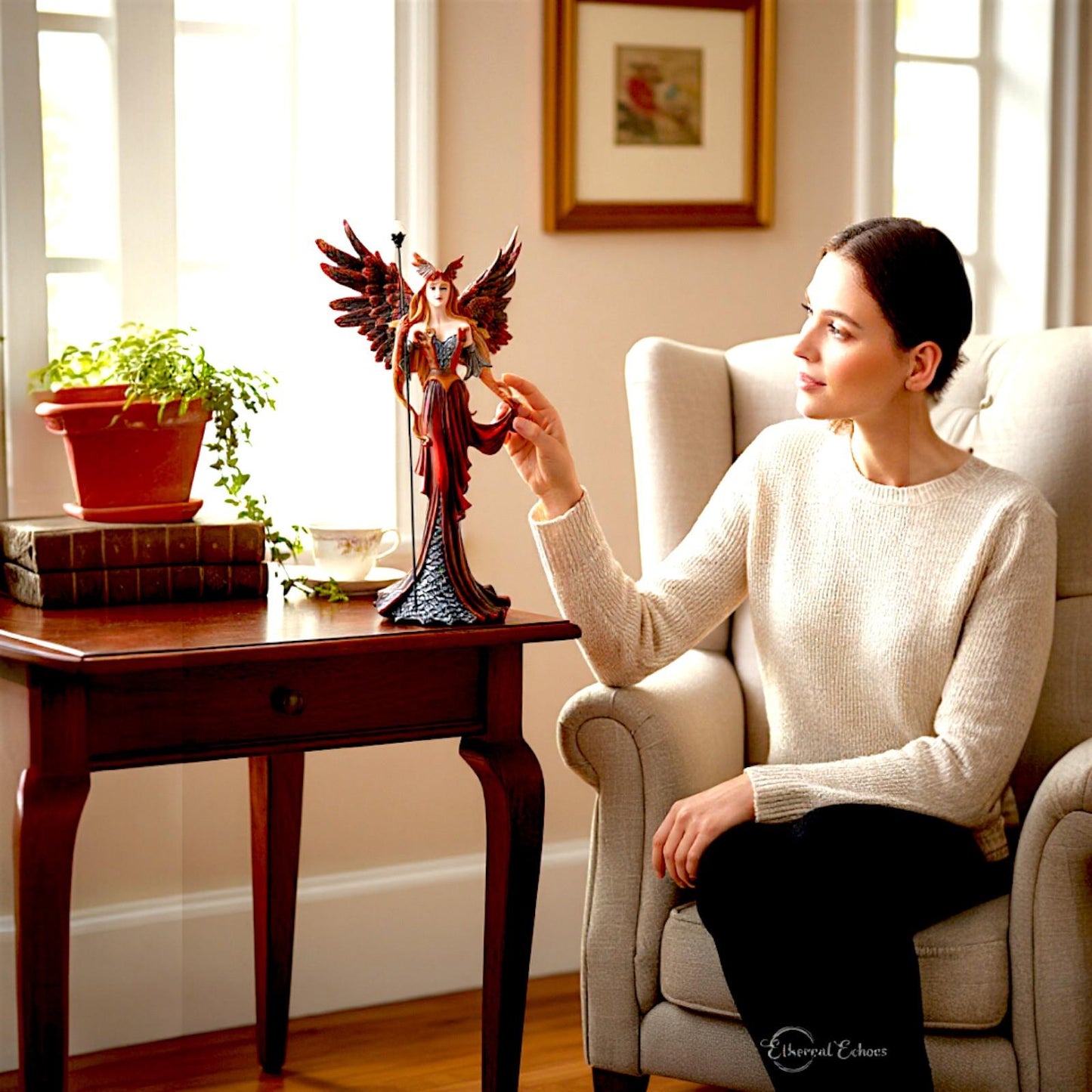 Fiery Fairy with Crystal Staff Red Winged Gothic Fantasy Figurine Collectible statue