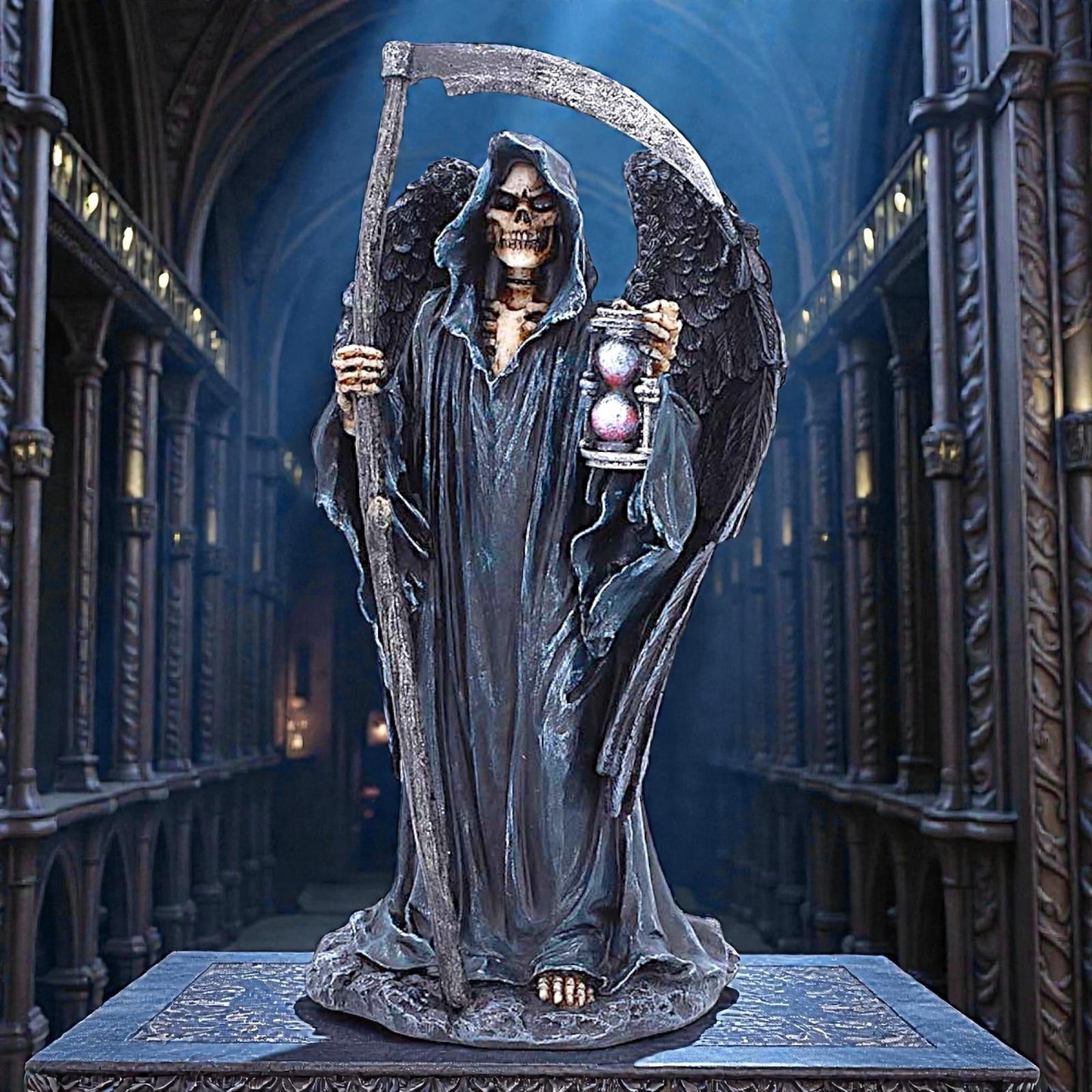 Dark Reaper Figurine Gothic Death Angel Statue Skeleton Scythe Sand Timer Statue