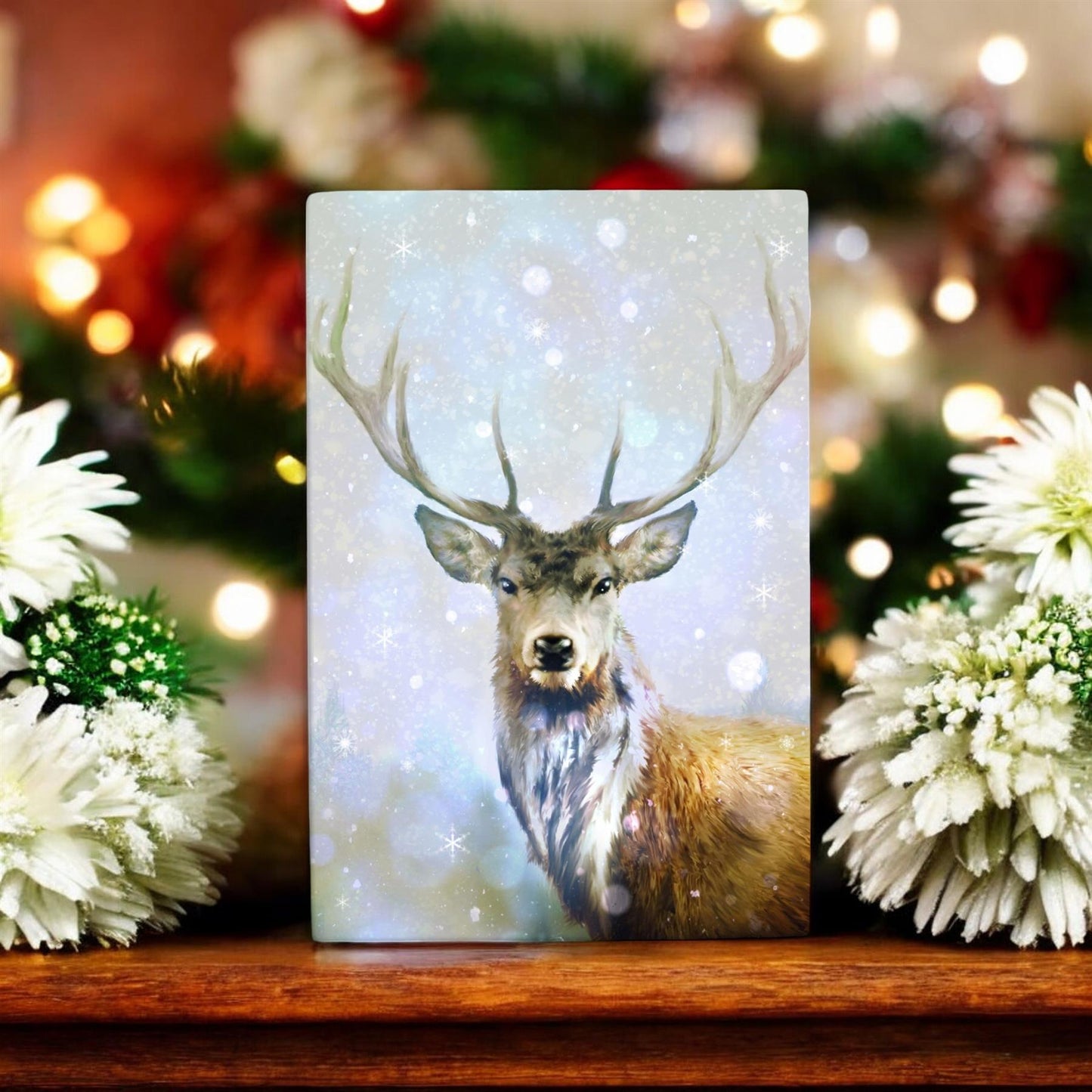 DEER IN SNOW FALL Ceramic Art Tile by P.F. Johnson 30X20cm - Ready to Hang, Winter Wildlife Wall Art, Christmas Gift