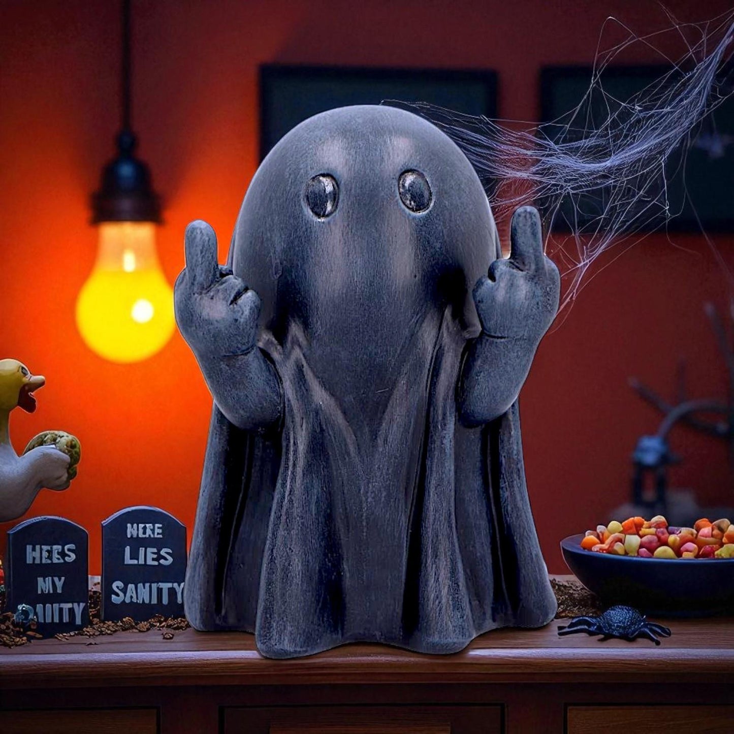 Cheeky Humour Middle Finger Ghost Figurine Funny Gothic Statue Halloween Art