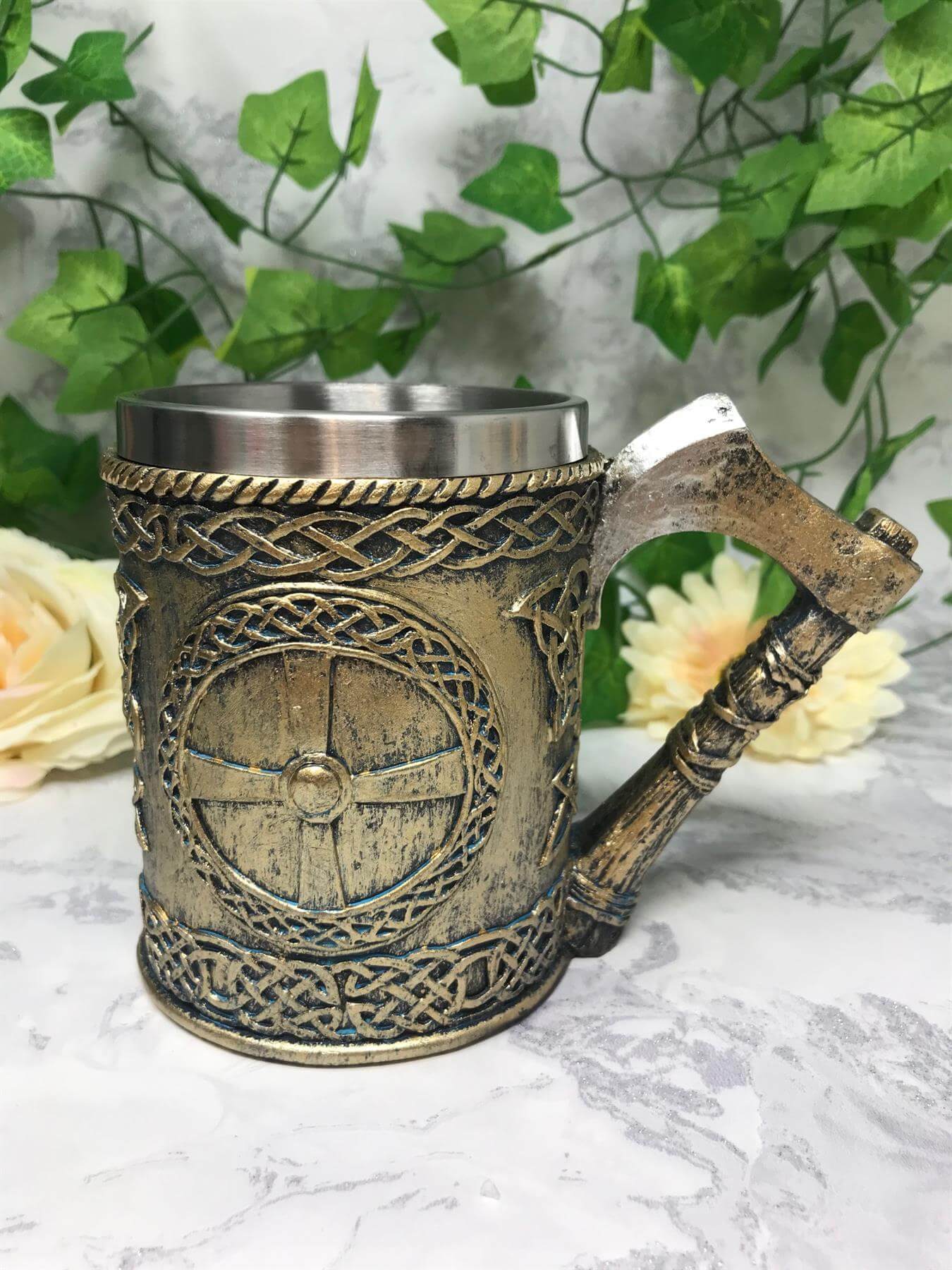 Valhalla Silver Tankard with Axe Handle Viking Warrior Drinking Cup Stein Ornament Table Decoration Norse Mythology Inspired