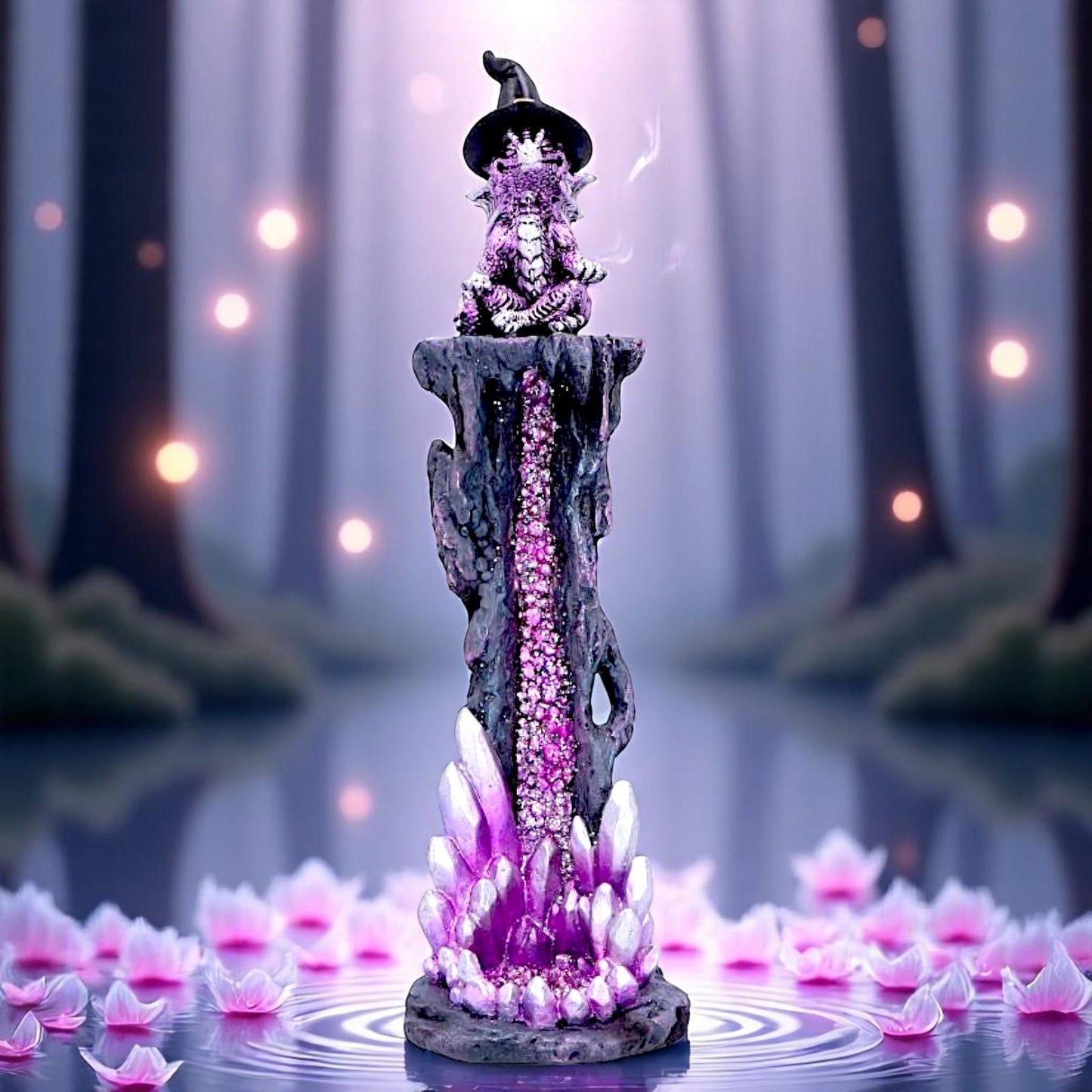 Enchanting Fantasy Dragon Incense Burner with Mystical Purple Geode Crystal Gift