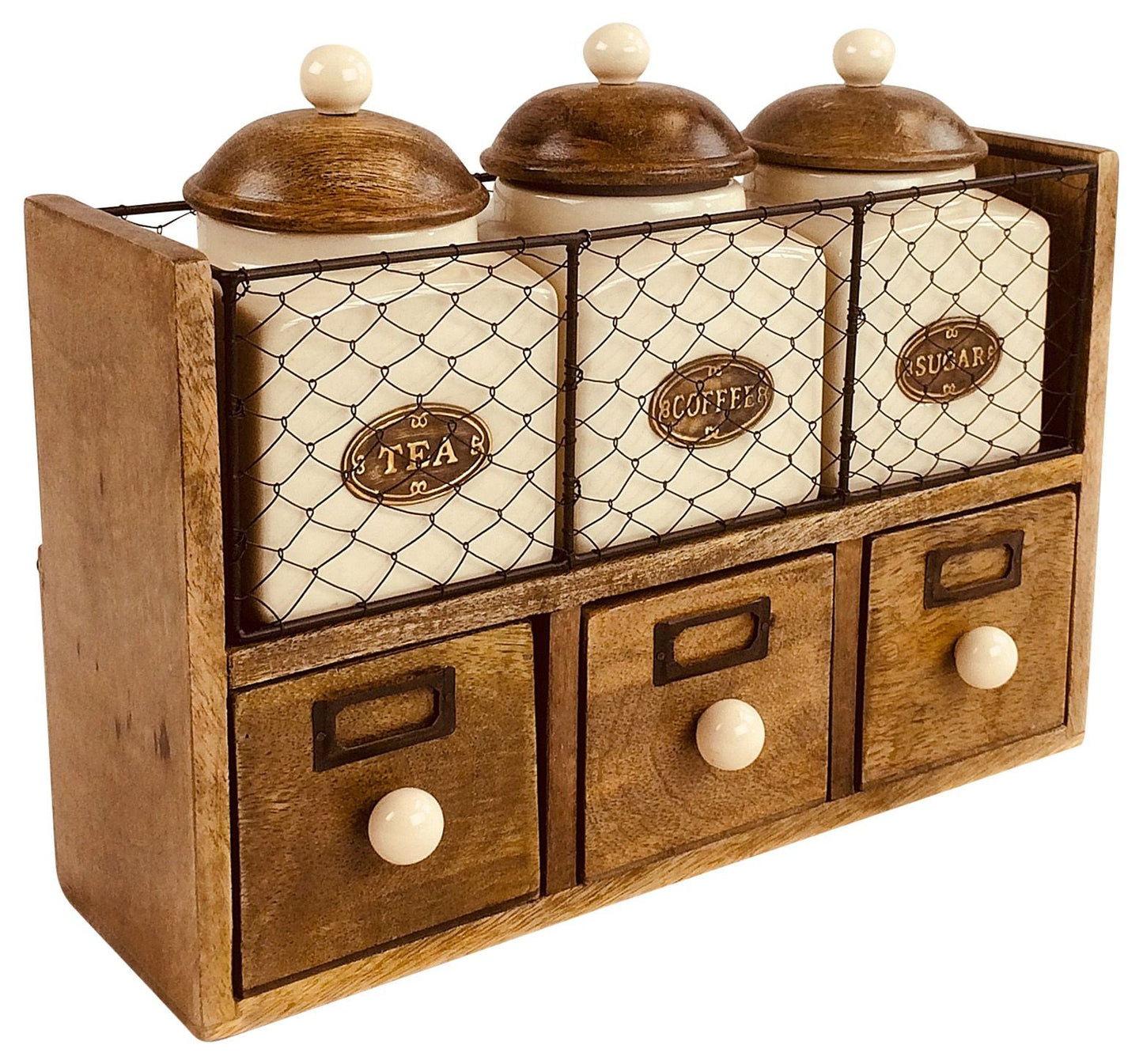 Rustic Wooden Tea Coffee Sugar Storage Rack with Ceramic Jars and Drawers - Wall Mountable