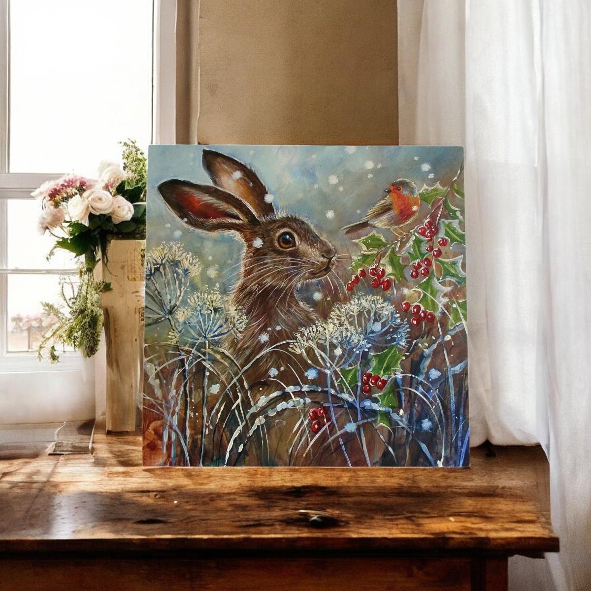 Holly Berry Hare Ceramic Art Tile by Judith Yates - 20X20 cm