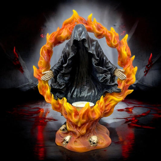 Flaming Reaper Tea Light Holder - Gothic Skeleton Halloween Figurine