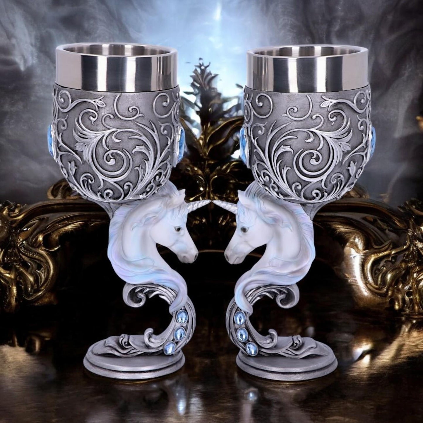 Enchanted Hearts Unicorn Goblets (Set of 2) - Twin Heart Shaped Mystical Cups 18.5cm