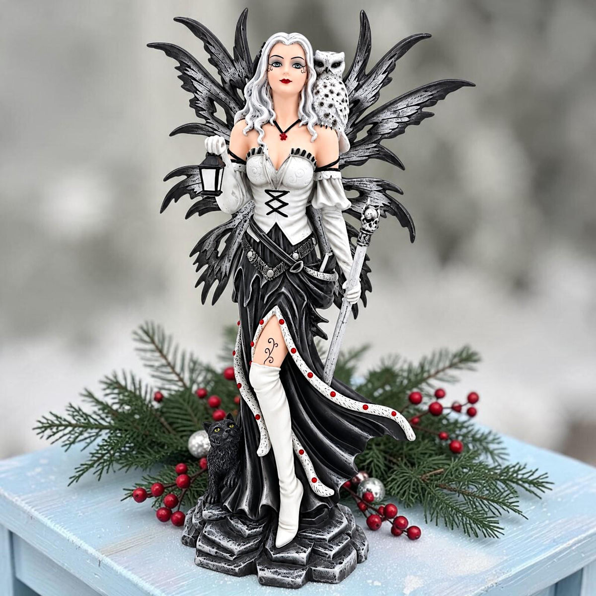 Gothic Winter Fairy Figurine Owl Black Cat Lantern Fantasy Statue Resin 31cm