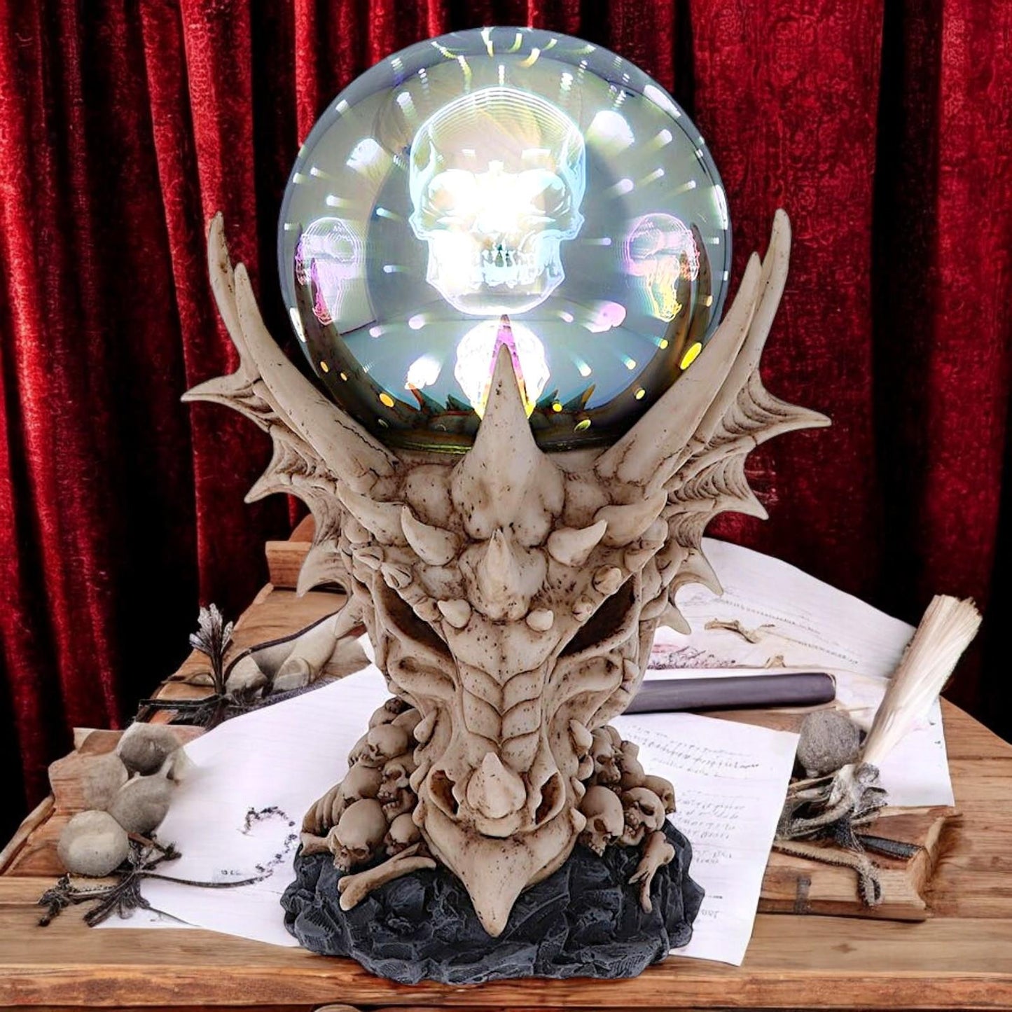 Skeletal Dragon Skull Figurine with Light-Up Orb Multi-coloured LED Skulls  Gift Boxed.