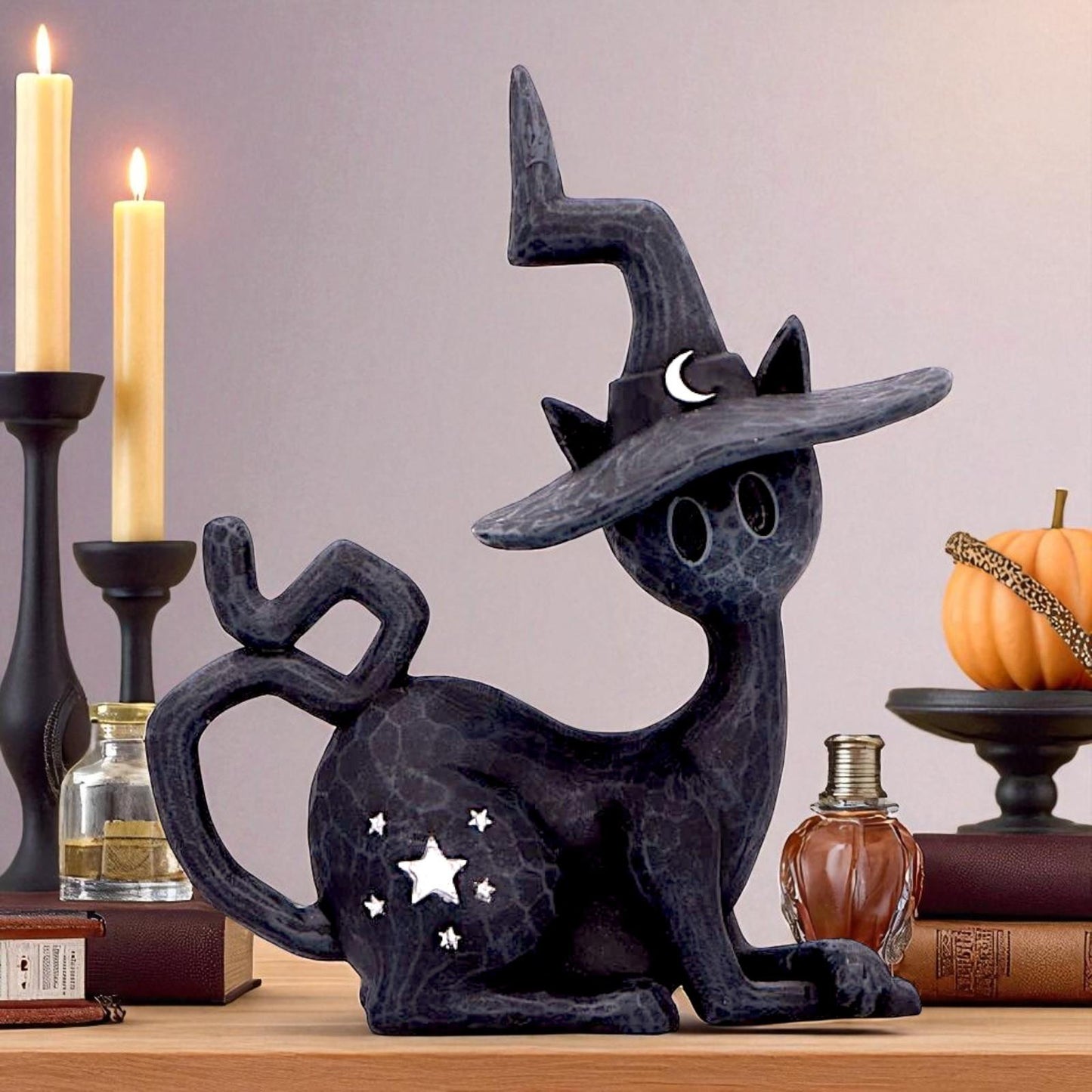 Gothic Wiccan Witchcraft Black Cat Figurine Mystical Spell Familiar Statue Decor