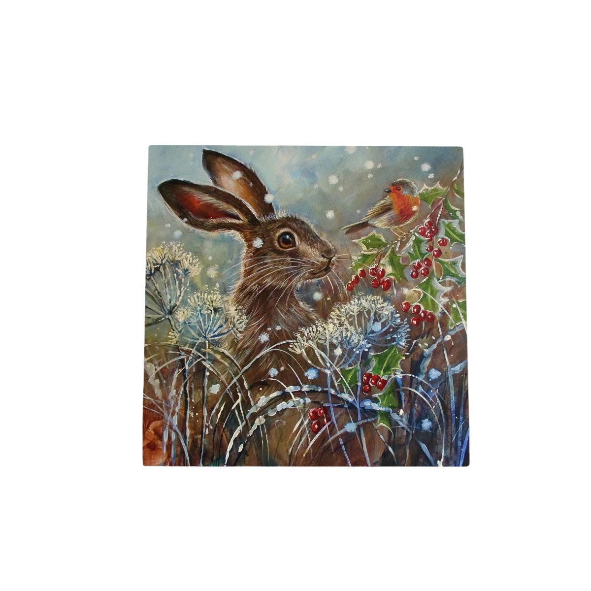 Holly Berry Hare Ceramic Art Tile by Judith Yates - 20X20 cm