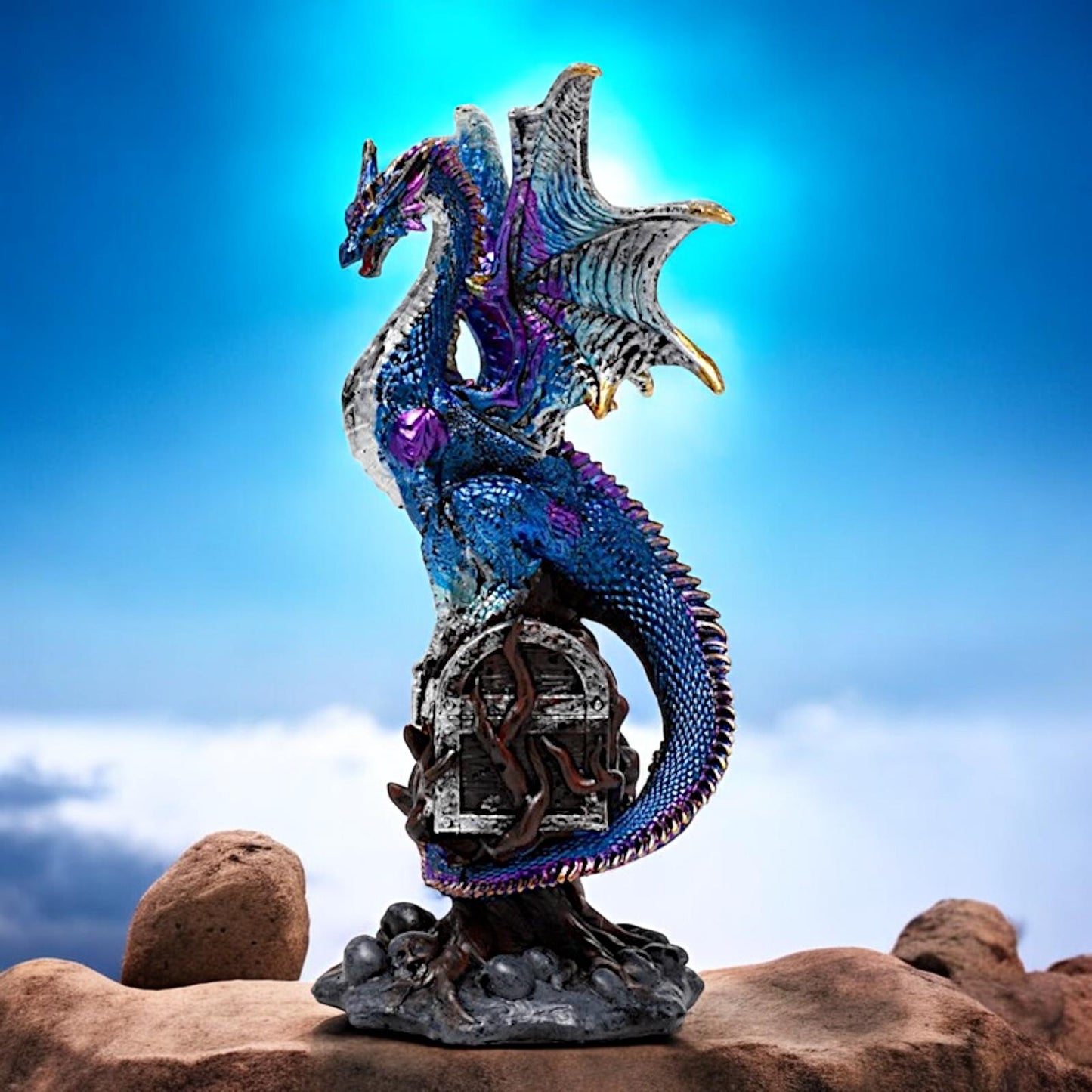 Blue Dragon Guardian Figurine - Gothic Fantasy Resin Sculpture Decor 19cm