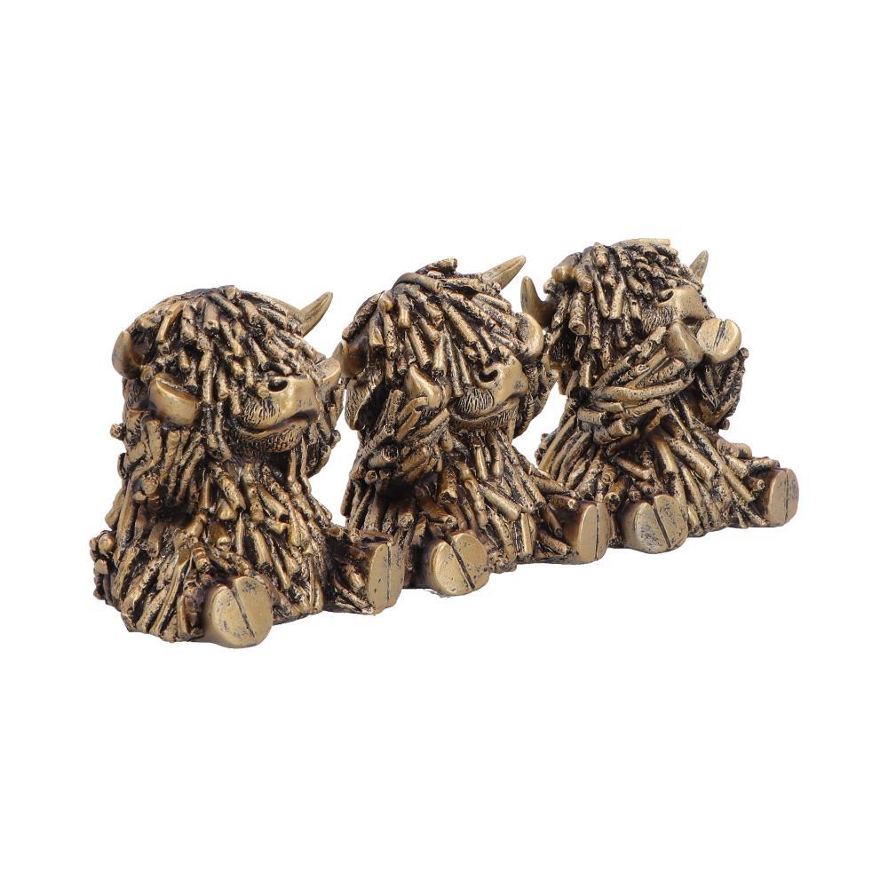 Three Wise Highland Cow Figurines Gold Farm Animal See Hear Speak Set