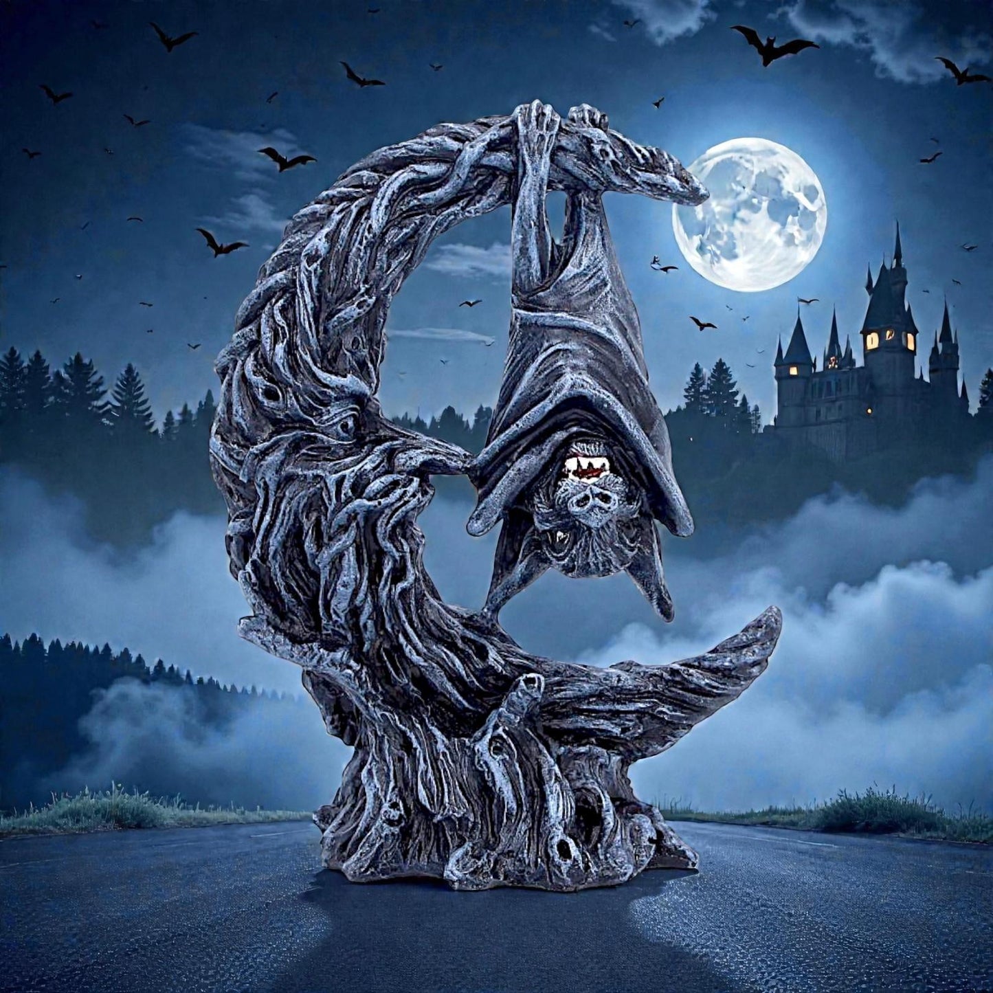 Gothic Bat Moon Figurine Dark Fantasy Decor Crescent Moon Horror Ornament