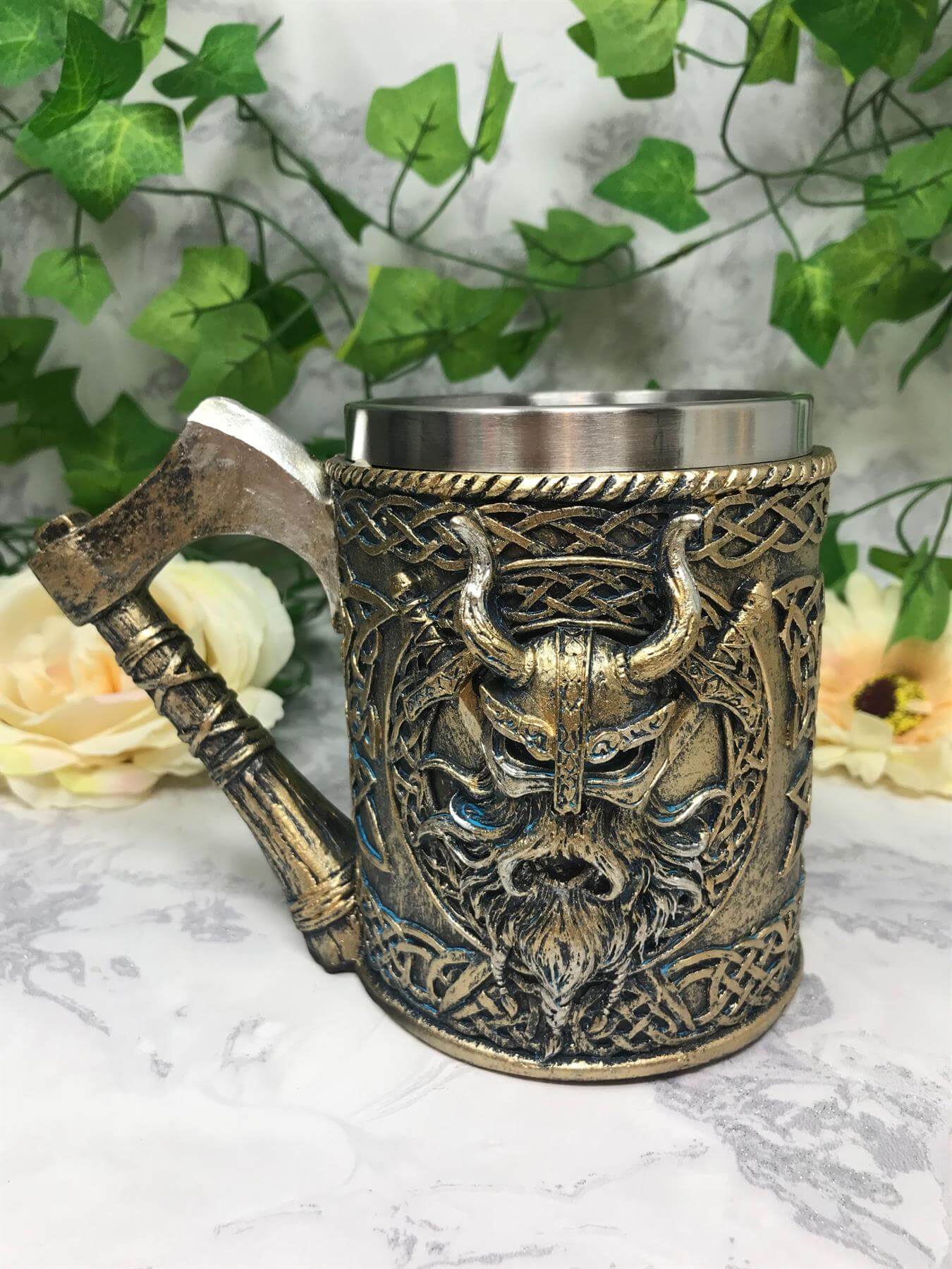 Valhalla Silver Tankard with Axe Handle Viking Warrior Drinking Cup Stein Ornament Table Decoration Norse Mythology Inspired