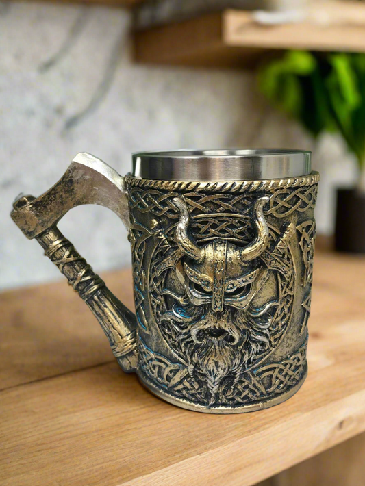 Valhalla Silver Tankard with Axe Handle Viking Warrior Drinking Cup Stein Ornament Table Decoration Norse Mythology Inspired