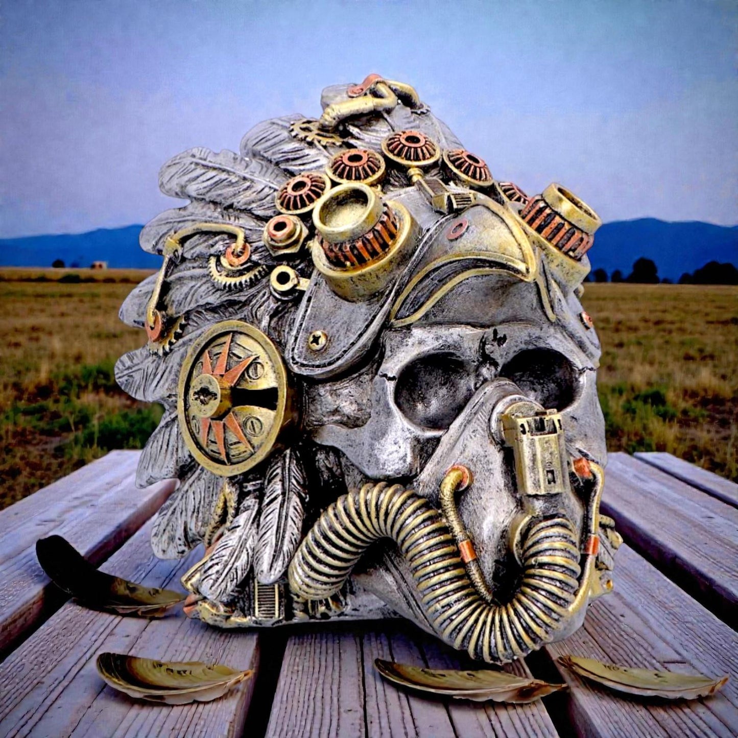 Steampunk Indian Skull Ornament Mechanical Feather Headdress Gothic Decor