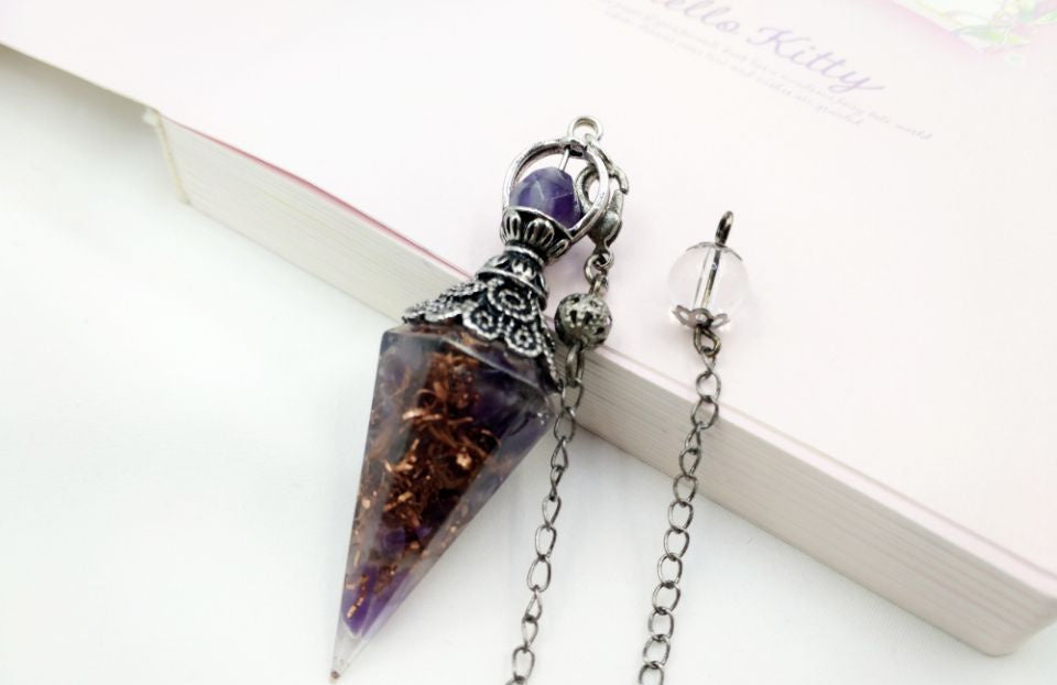 Gravel Resin Vintage Silver Amethyst Top Pendulum Pendant