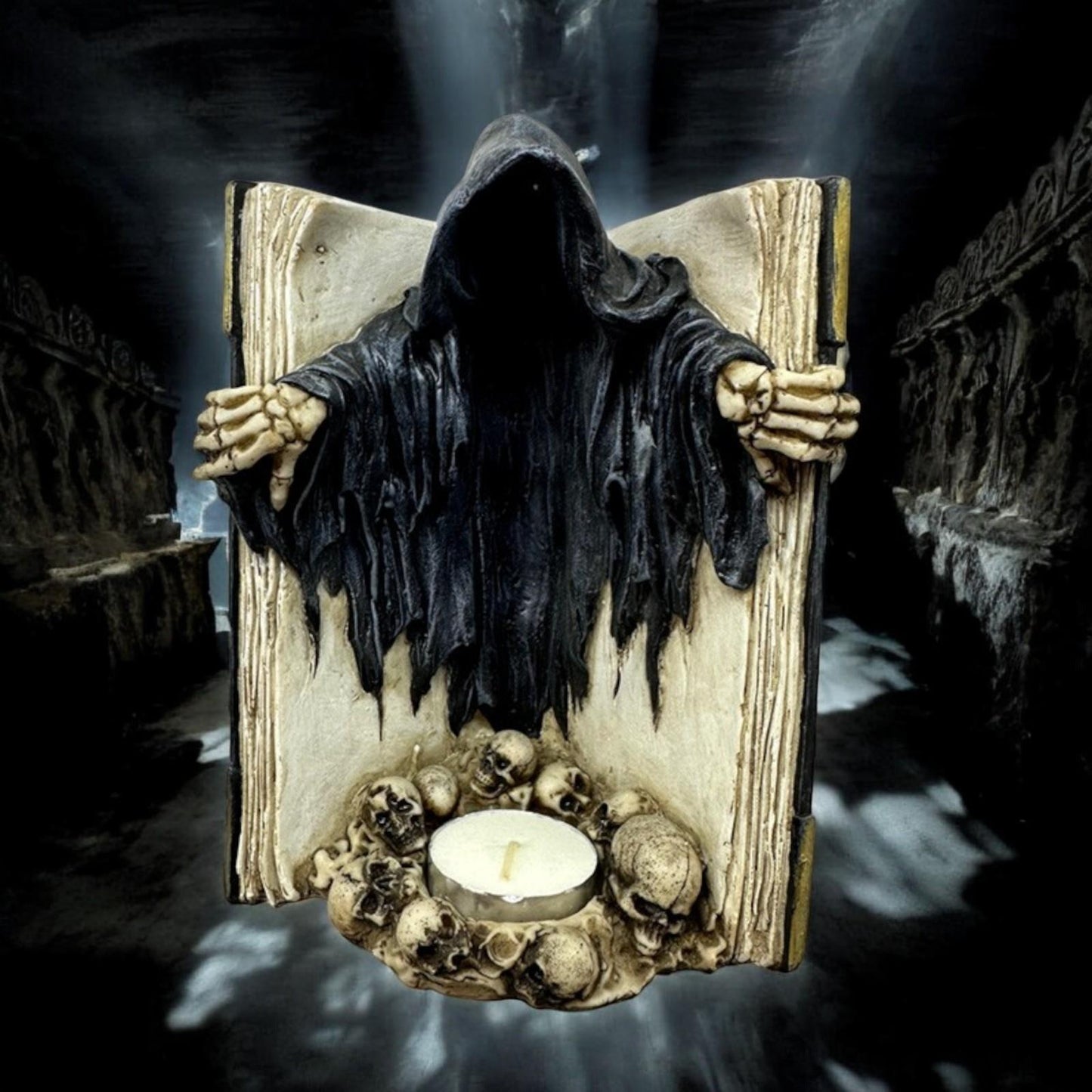 Book of the Dead Tea Light Holder Gothic Reaper Candle Figurine Halloween Decor