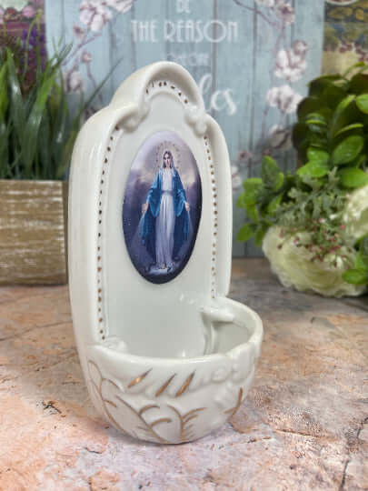 Porcelain Our Lady of the Miraculous Virgin Mary Water Font | Elegant Religious Decor | Holy Water Vessel | 13.5 cm