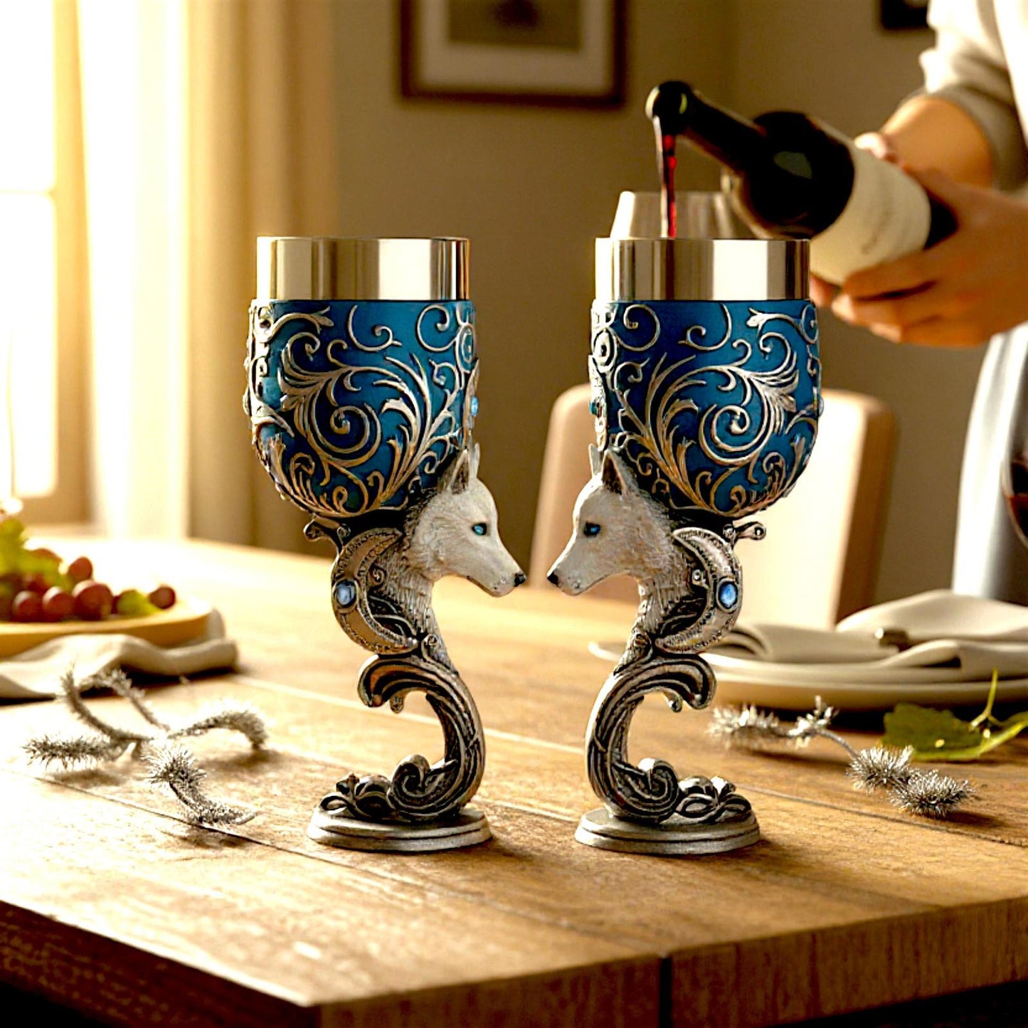 Fantasy White Wolf Enchanted Goblet Set Gothic Chalice Mystical  Drinkware Art