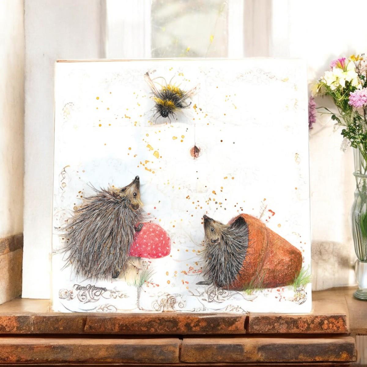 Brillo Barb & Bumble Ceramic Art Tile by Bree Merryn - 20x20 cm | Ready to Hang | Beautiful Hedgehog and Bee Design