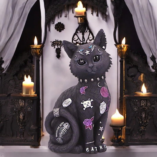 Bad to the Bone Gothic Cat Figurine – 22cm Collectible Resin Statue with Tattoo and Celestial Designs