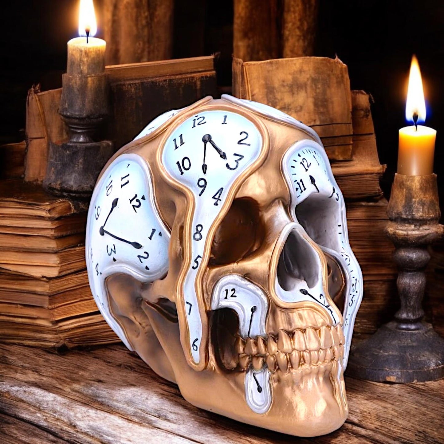 Time Goes By Gothic Clock Skull Ornament 17.5cm  Unique Resin Art Figurine Decor