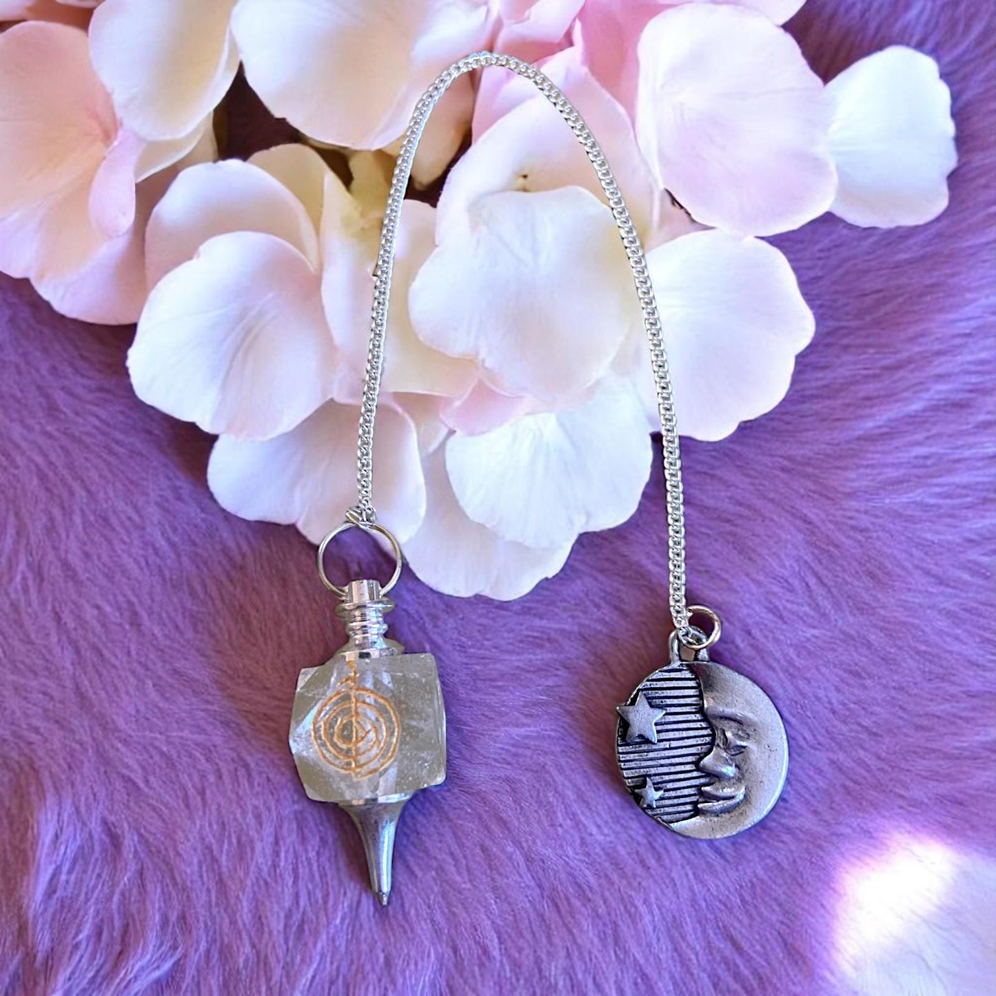 Quartz Crystal Reiki Pendulum with Cho Ku Rei & Lunar Star Moon Charm Spiritual Tool