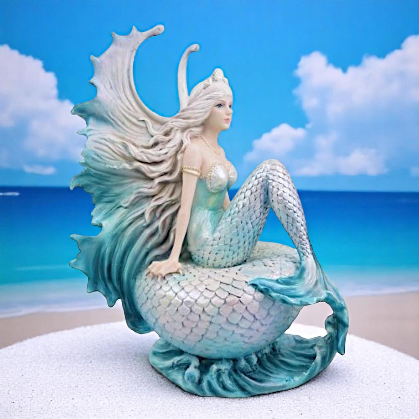 Elegant Mermaid Sitting on Shell Resin Figurine – Fantasy Ocean Goddess Statue 25cm