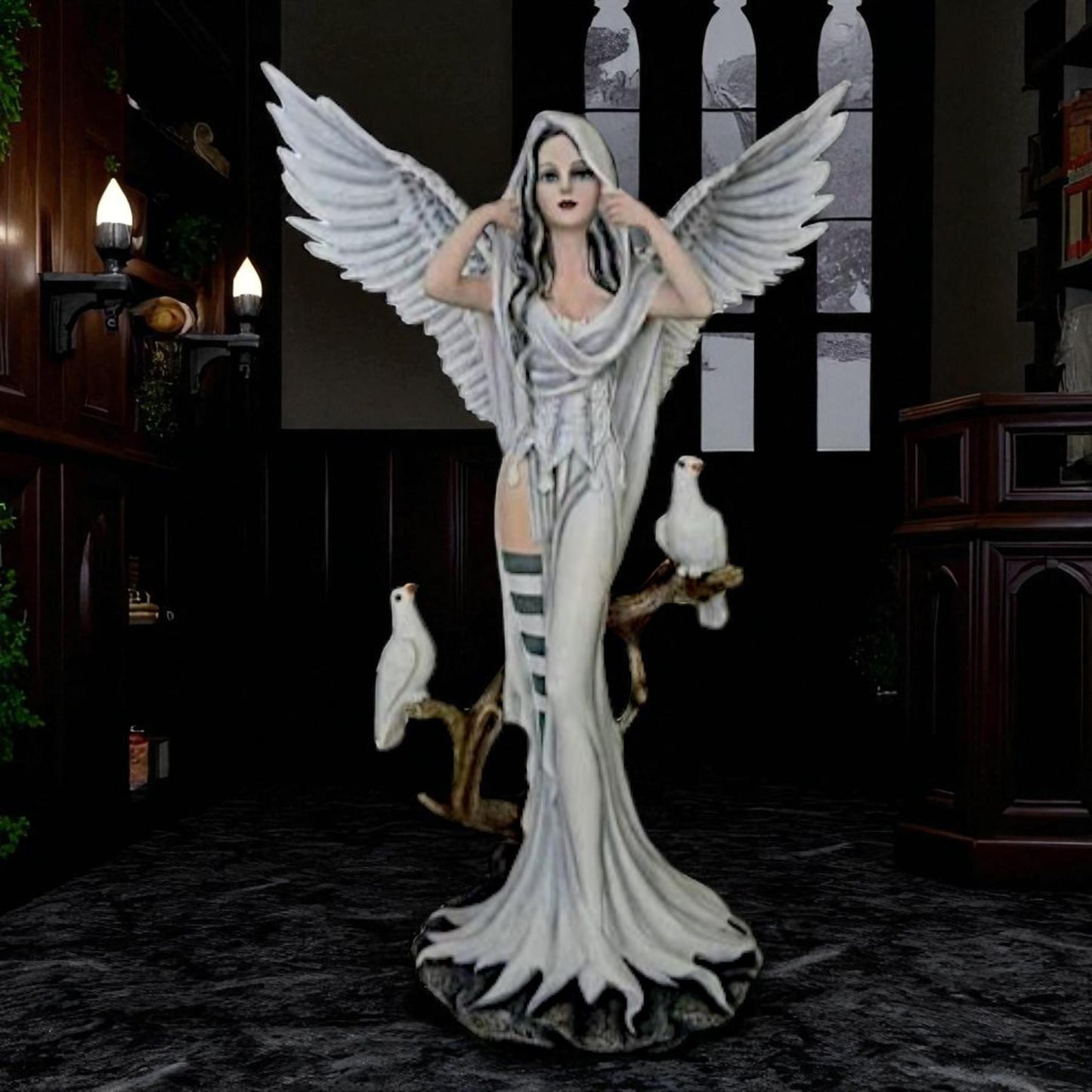 Fantasy Gothic White Angel Statue Figurine Ornament Sculpture – Large Resin Winged Lady with Birds 62cm