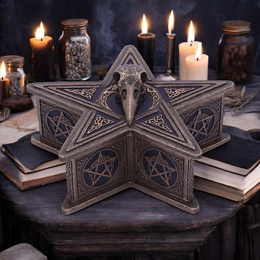 Celtic Bronze Raven Pentagram Box - Gothic Altar Decor Resin Fantasy Ornament 16.5cm