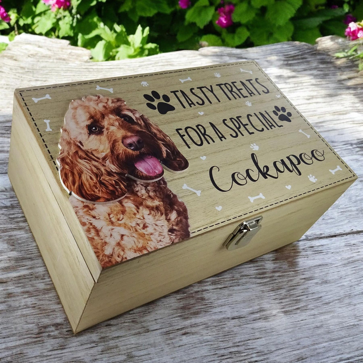 Cockapoo Wooden Wooden Cockapoo Dog Treat Box - Stylish & Practical
