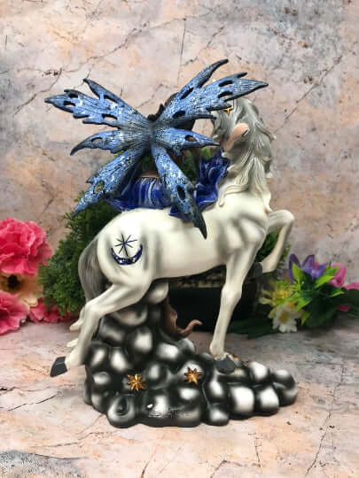 Blue Winter Fairy Riding Unicorn Display Figurine Statue Ornament