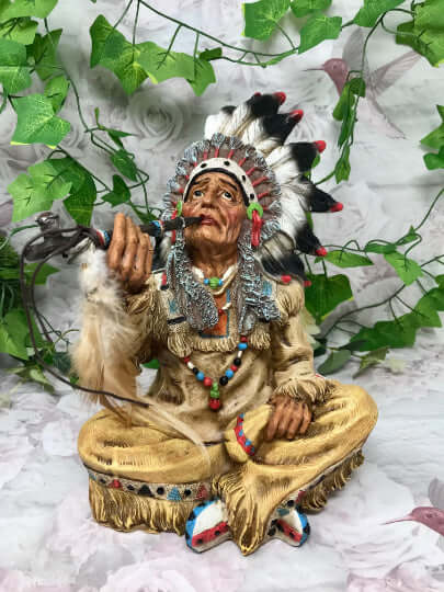 Indian Chief Smoking a Peace Pipe Figurine Native American Collection Sculpture