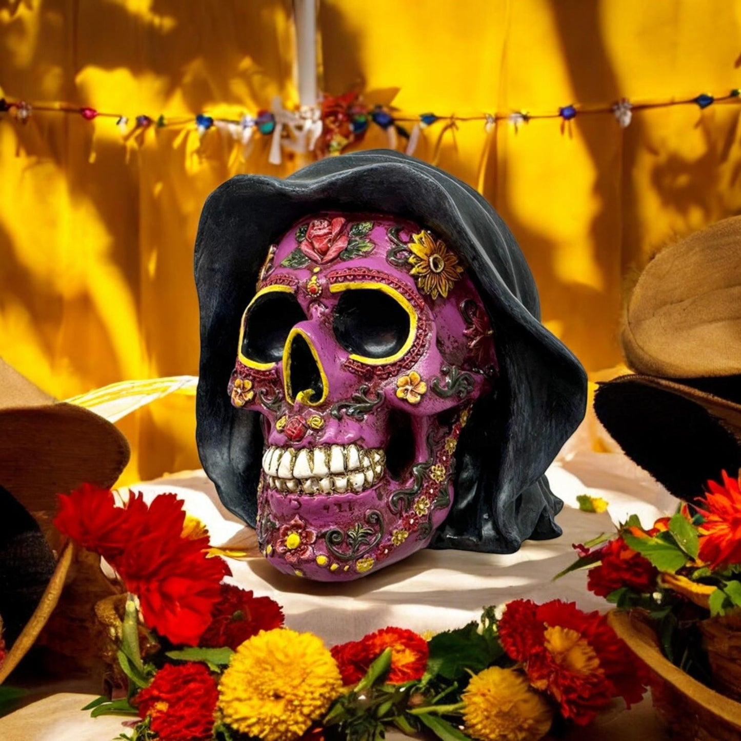 Day of the Dead Purple Skull Figurine Gothic Decor Ornament Fantasy Design