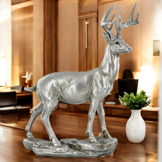 Elegant Silver Stag Statue - Resin Deer Sculpture - Modern Home Decor & Wildlife Art