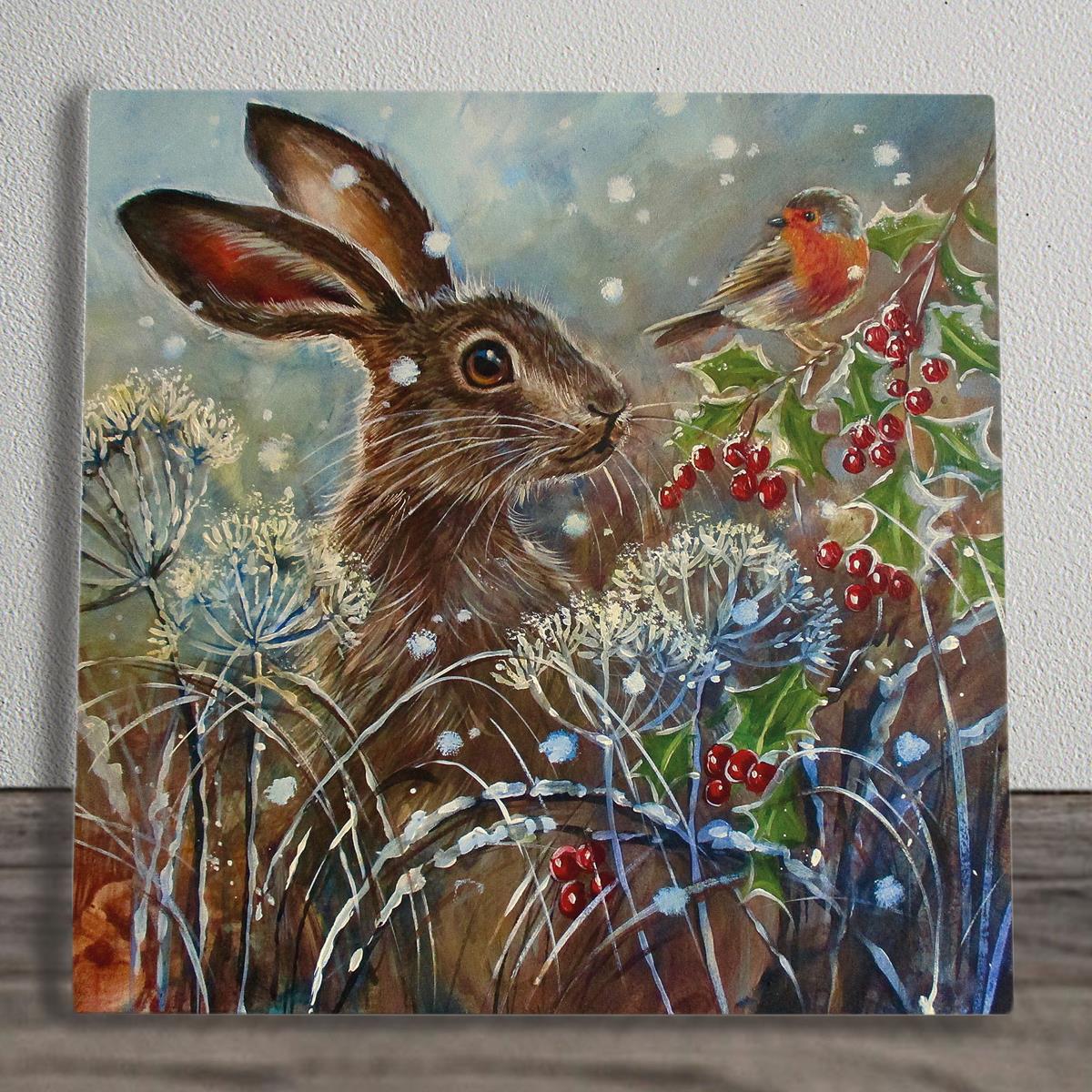 Holly Berry Hare Ceramic Art Tile by Judith Yates - 20X20 cm