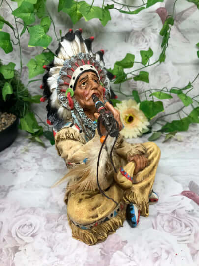 Indian Chief Smoking a Peace Pipe Figurine Native American Collection Sculpture