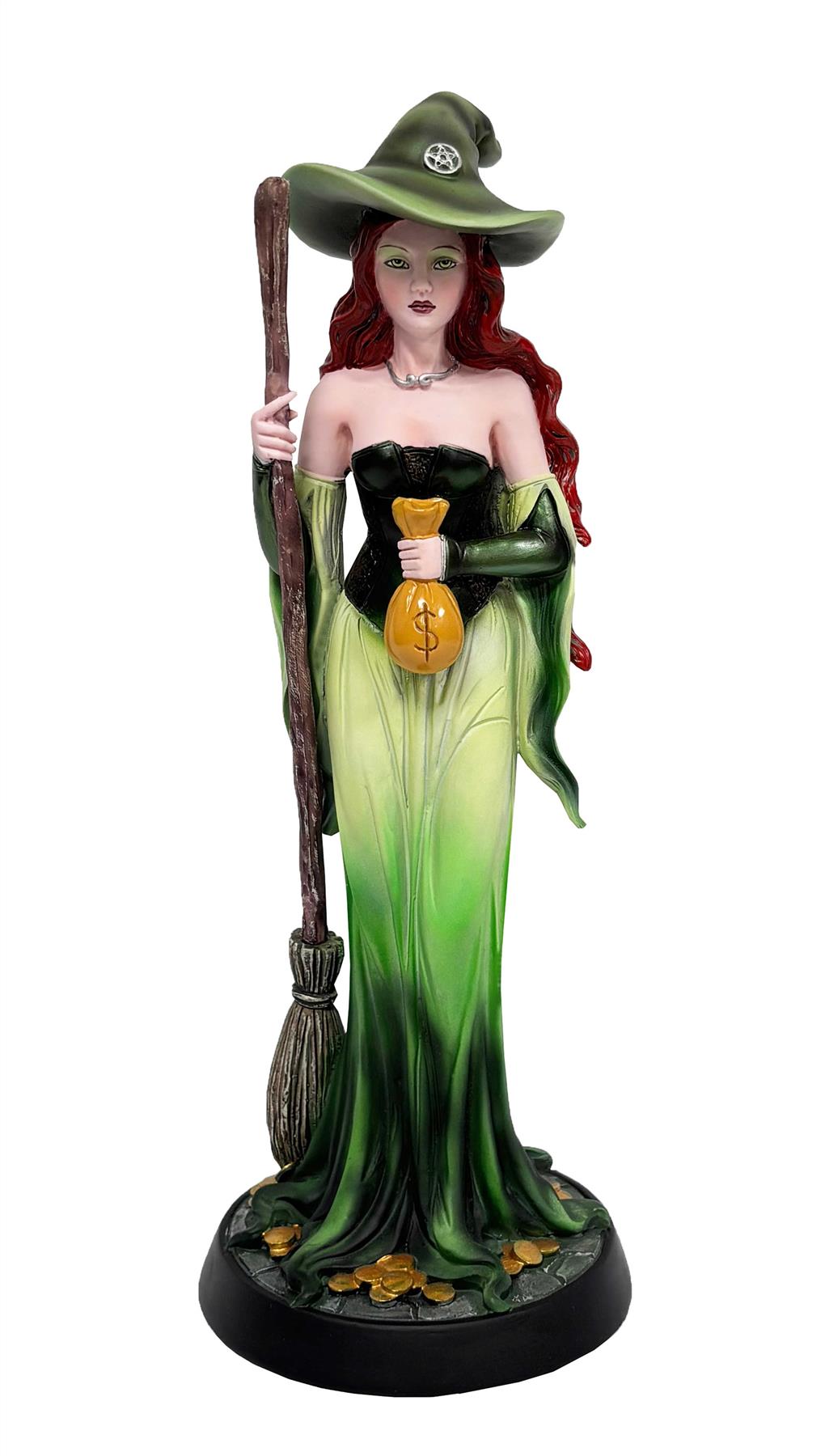 Prosperity Fantasy Witch Figurine with Broom and Gold Bag Gothic Wiccan Statue