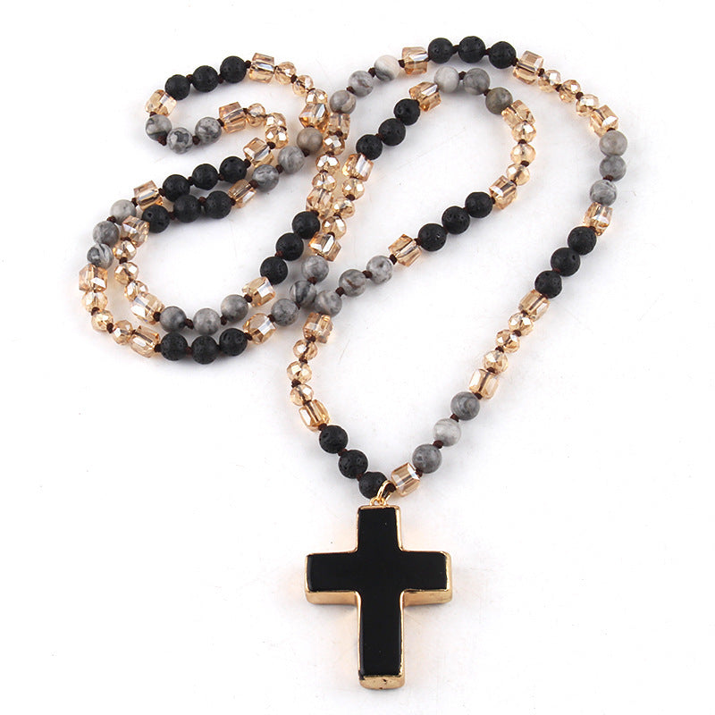 Fashion Bohemian Style Natural Stone Mixed Glass Cross Sweater Chain