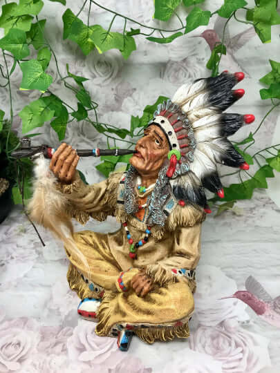 Indian Chief Smoking a Peace Pipe Figurine Native American Collection Sculpture