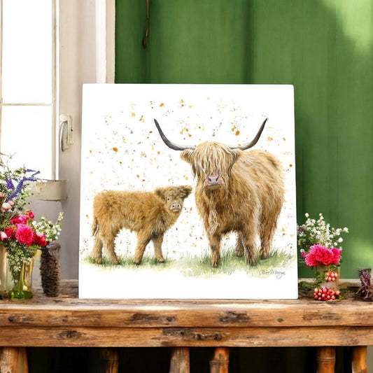 Happy Highlands Ceramic Art Tile by Bree Merryn 20x20cm - Wall Ready - Highland Cow & Calf