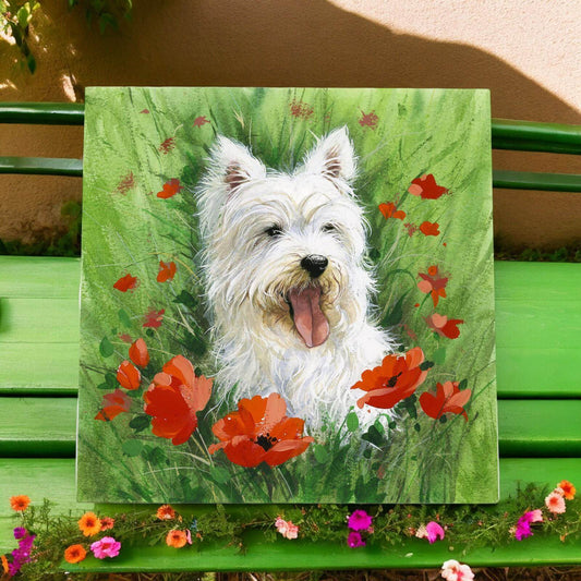 Adorable Westie in Poppies Ceramic Picture Tile | R. Fathers Art | 20 x 20 cm Wall Decor | West Highland White Terrier Gift | Dog Lover's Home Decor-Osiris Craftworks